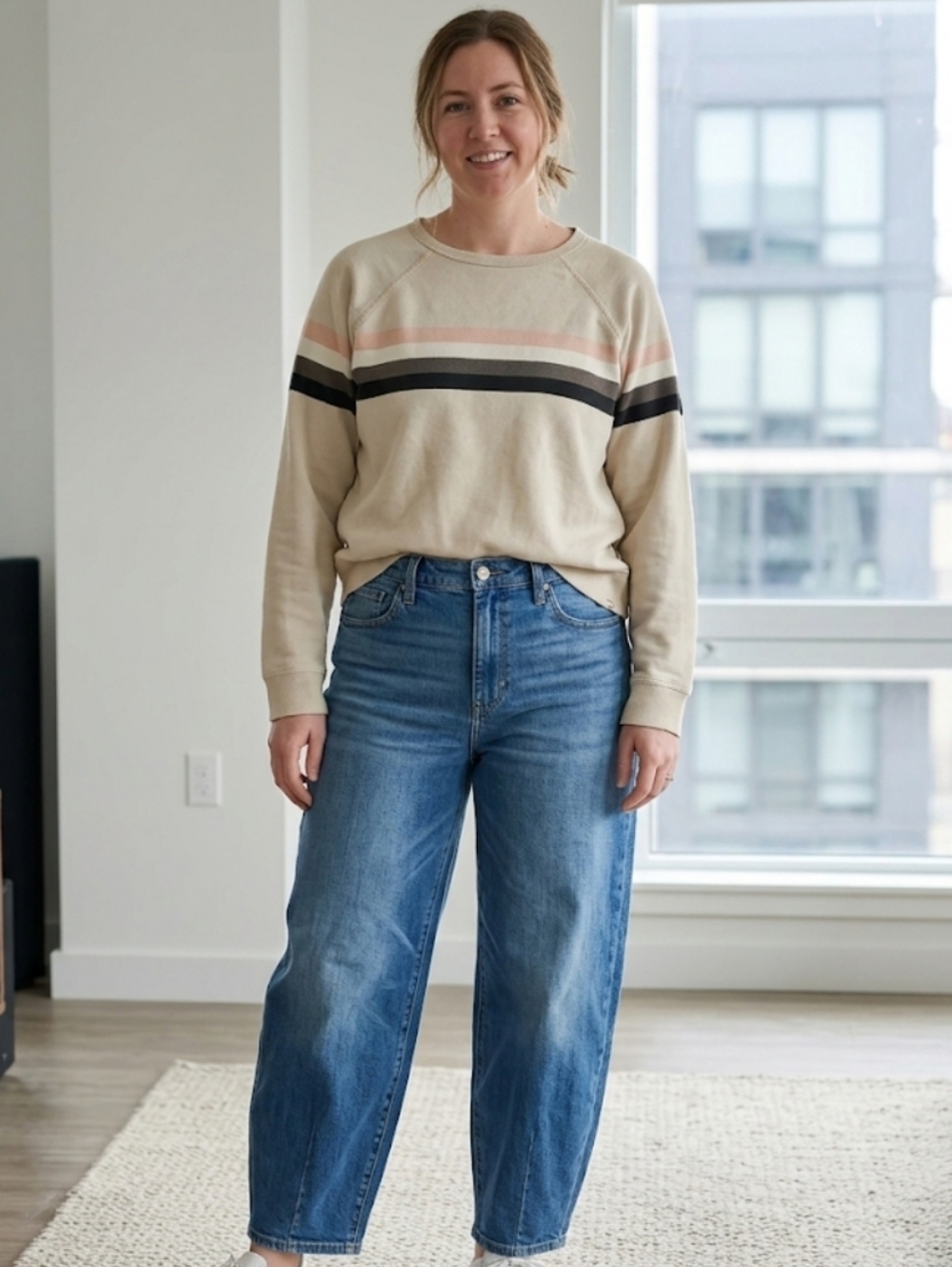 FAHERTY Women's Large Coastal Pima Cotton Crewneck Sweatshirt Sandbar Stripe